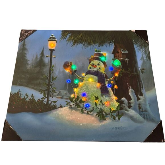 New LED Snowman By Michael Humphries 20x24 Christmas Canvas Light Up Beautiful - Picture 1 of 11